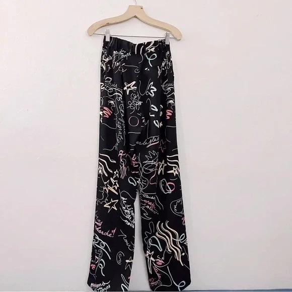 Aritzia Babaton Sadiki Pants Wide Leg Printed Black French Faces - Picture 5 of 7